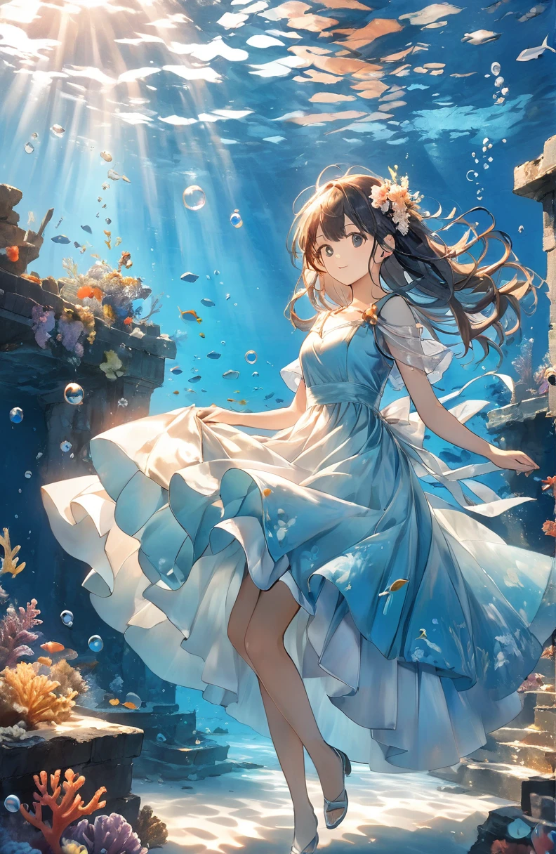 Beautiful girl、Mystical Feelings、cute17of age、Underwater walking,Underwater Walking、Underwater swimming、超High resolution, High resolution, 4K, 8k,close,Sunken Ruins、Girl in the water、water、surrounded by bubbles、A world of deep blue、 Working with deep blue shades