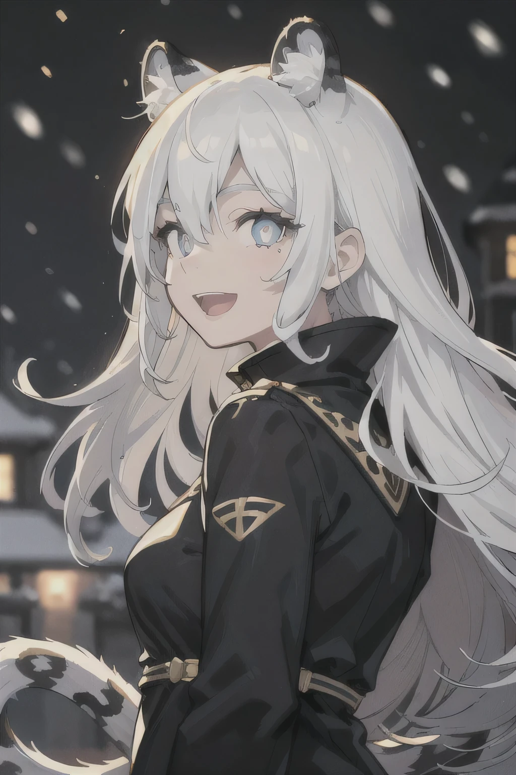 beautiful lighting、perfect lightning bolt、realistic shadow、Detailed skin、ultra-detailliert、detailed faces and eyes、Realistic eyes、Sharp pupils、sideshot、blurry backround、20 year old girl alone、shinny skin, snow leopard tail、white hair、blue colored eyes、snow leopard ears、long hair、Smile with open mouth, Dark clothing 