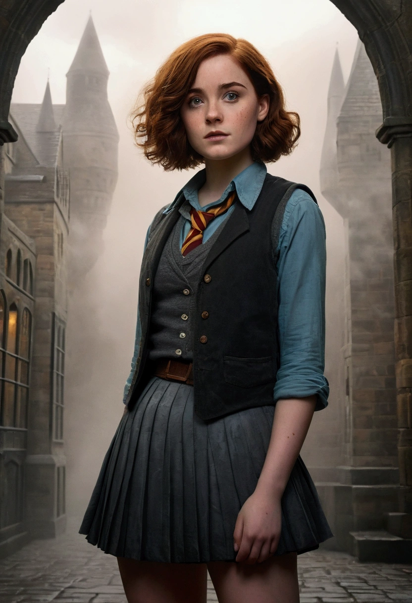 An illustrated movie poster, hand-drawn, full color, a female Hogwarts student, 18-years-old, wearing a charcoal vest and a pleated skirt, athletic hourglass figure, full wide hips, massive round butt, long shapely legs, ridiculously thick powerful thighs, vibrant eyes, deep dark auburn hair, short curly bob cut, flushed sun-kissed complexion, freckles, resembles Genevieve O'Reilly, standing in a foggy Hogwarts courtyard, surrounded by mist, graphite shading, stencil marks, airbrushed acrylic paint, masterpiece, close-up shot, in the Deathly Hallows