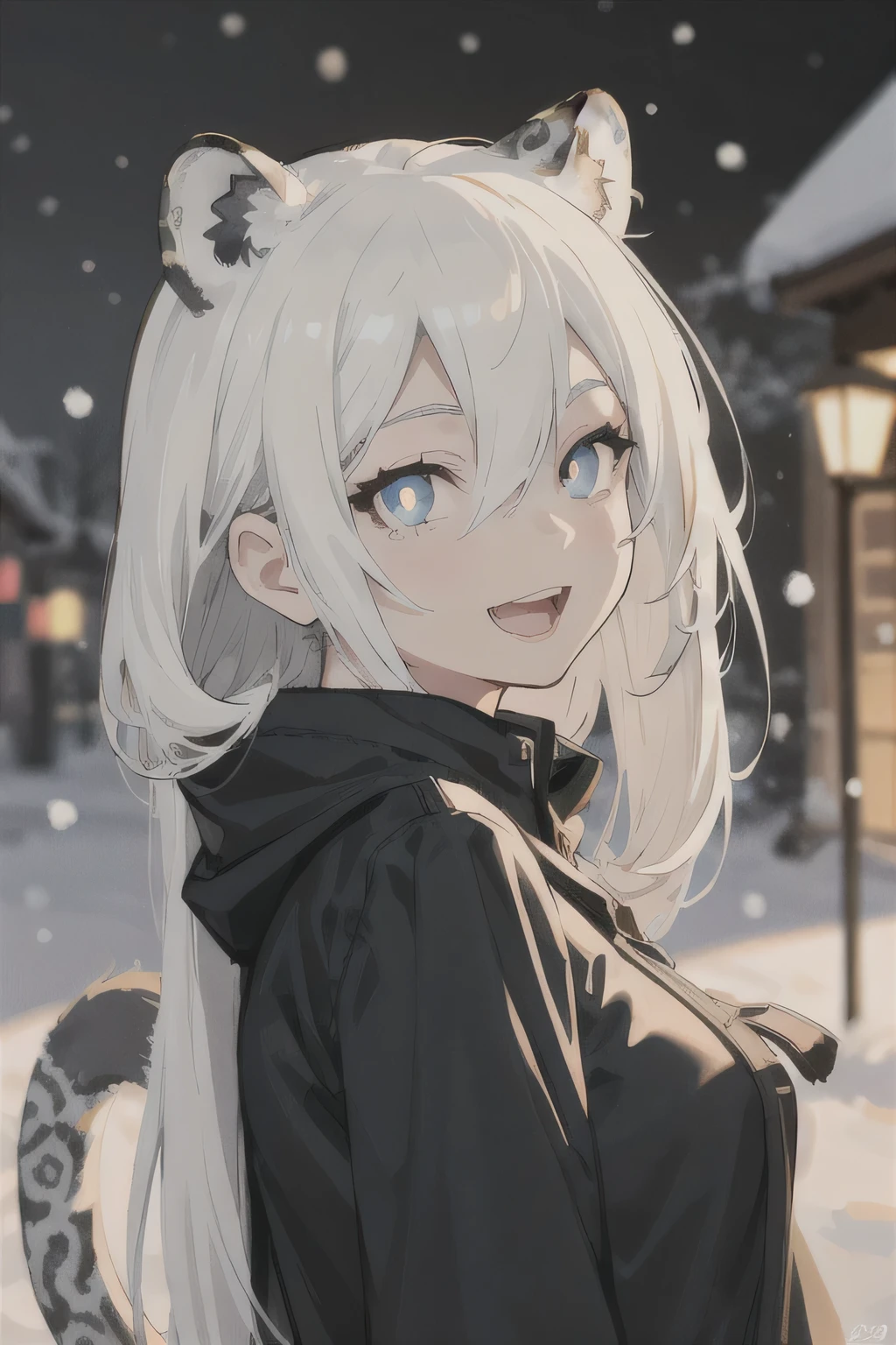 beautiful lighting、perfect lightning bolt、realistic shadow、Detailed skin、ultra-detailliert、detailed faces and eyes、Realistic eyes、Sharp pupils、sideshot、blurry backround、20 year old girl alone、shinny skin, snow leopard tail、white hair、blue colored eyes、snow leopard ears、long hair、Smile with open mouth, Dark clothing 