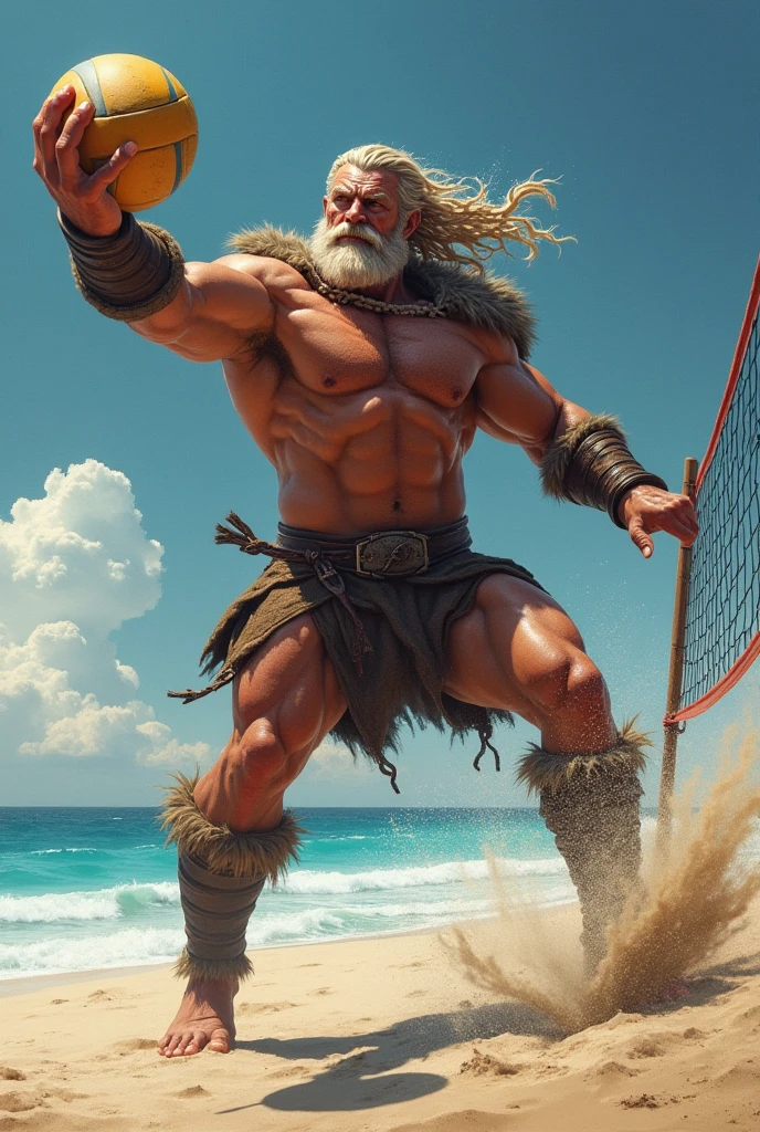 A Viking is playing volleyball and is spiking the ball making it hit the ground 