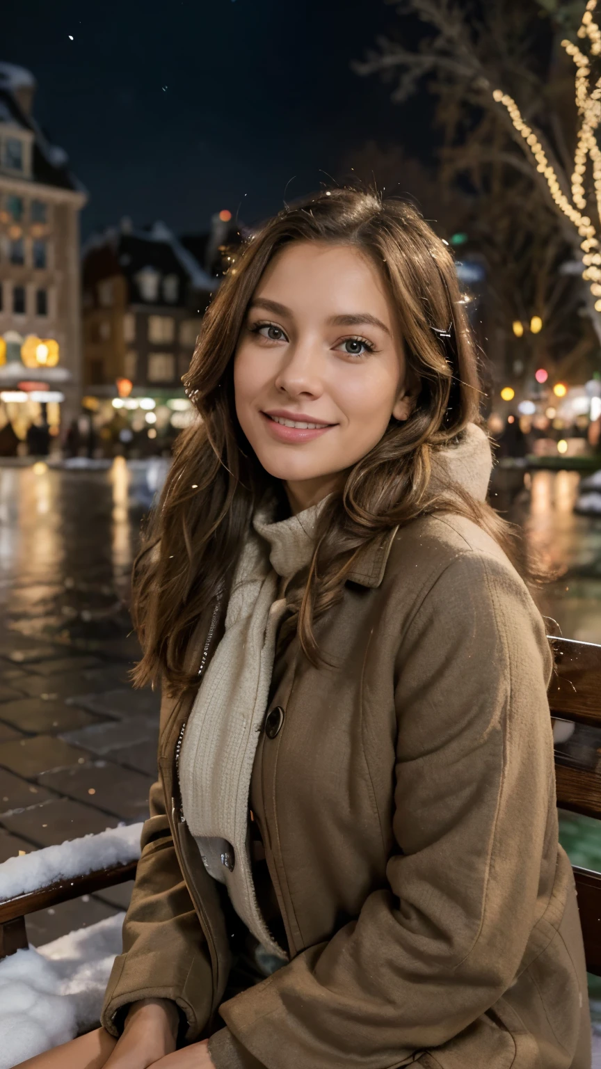(best quality,4k,8k,highres,masterpiece:1.2),ultra-detailed,(realistic,photorealistic,photo-realistic:1.37),black skin woman,30-year-old woman, long blonde hair,honey-colored eyes,smiling,beautiful detailed eyes,detailed facial features,gorgeous,graceful,attractive,outdoors,coat, sitting on a bench in a square,peaceful atmosphere,Christmas tree behind her,full of colorful lights,glowing lights,illuminated tree,a beautiful night,sparkling stars,shimmering lights,chilly winter night,peaceful ambiance,serene environment,warm atmosphere,warmth,calm,tranquility,happy,contemplating,sophisticated,comfortable,feminine,stylish,relaxed,pensive,cosy,feeling nostalgic,aesthetic,uplifting,enchanted,caroling,celebratory,harmonious,joy,happiness,festive,dreamy,winter wonderland,magical,enchanting,wishing for a wonderful Christmas,enjoying the moment,city square,urban backdrop,welcoming,inviting,cozy bench
