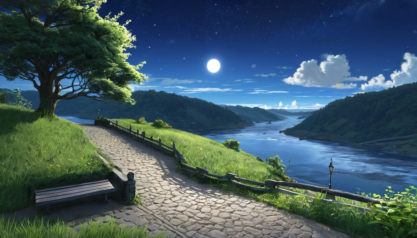 A masterpiece from EbonyGoldAI, 最high quality, high quality, High resolution, (((Beautifully detailed skies))), growing upなeur, Cottage, growing upな(growing up, wonderful), vision(View), wonderful光景, High resolution, ((Best Shadow)), Realistic, nature, scenery, cloud, Mountain, Grass, rock, hill, cliff, wood, Sidewalk, Background only, Night Sky, moonlight, ((Very detailed)), (Best illustrations), ((Very delicate and beautiful)), Dynamic Angle, river, Trail, bench, 最high qualityの画像品質, quiet, far_Away
