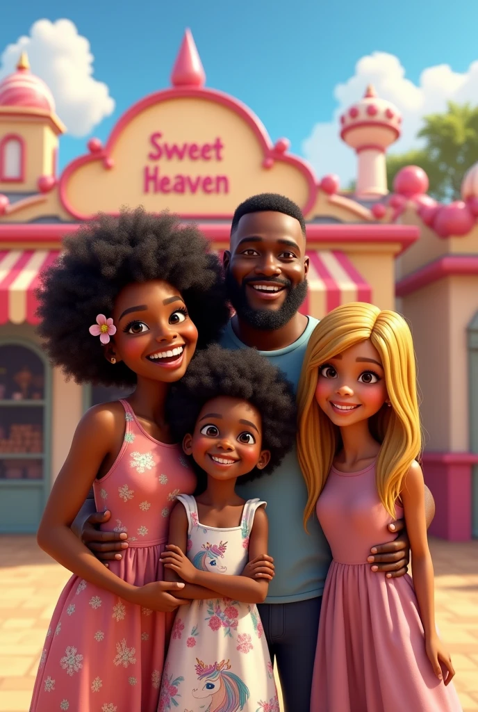 4 people,44 year old woman, black, cabelo blackw afro, height 1,52,Grinning, with a flower in her hair.flower dress.8 year old child, black, cabelo blackw afro, olhos castanho escuro glad.Unicorn dress.homem de 45 anos, blackw,serene,bald in front, with beard, social t-shirt, glad.2 woman, cor de pele black, yellow hair color,Medium smooth,fine nose, glad. All hugging In the background the candy store says sweet heaven in Portuguese , sky realism, disney pixar. Store configuration