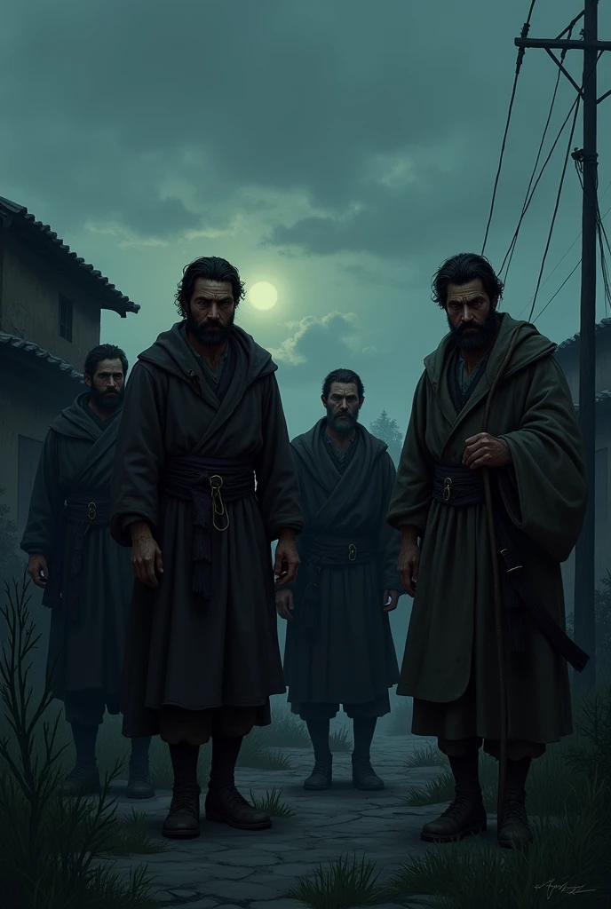 Exhausted men due to long trip expression at time of evening in village