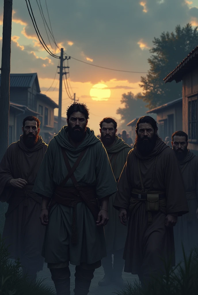Exhausted men due to long trip expression at time of evening in village