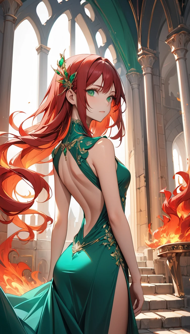 A majestic, slender-built woman with emerald green eyes, sharply defined facial features, and elegantly, adorned with a magnificent, fiery red hair that cascades down her back, castle interior