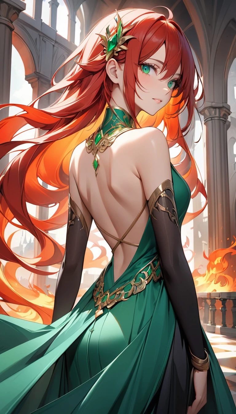 A majestic, slender-built woman with emerald green eyes, sharply defined facial features, and elegantly, adorned with a magnificent, fiery red hair that cascades down her back, castle interior