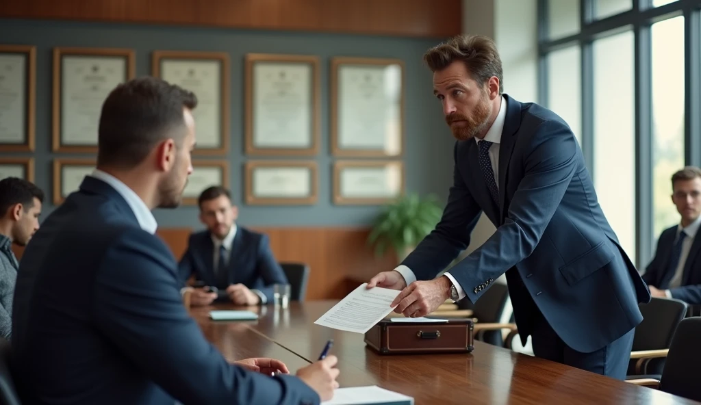 create an image with a lawyer giving a document to a client, with a meeting room background, with people sitting at a table in 16x9 format