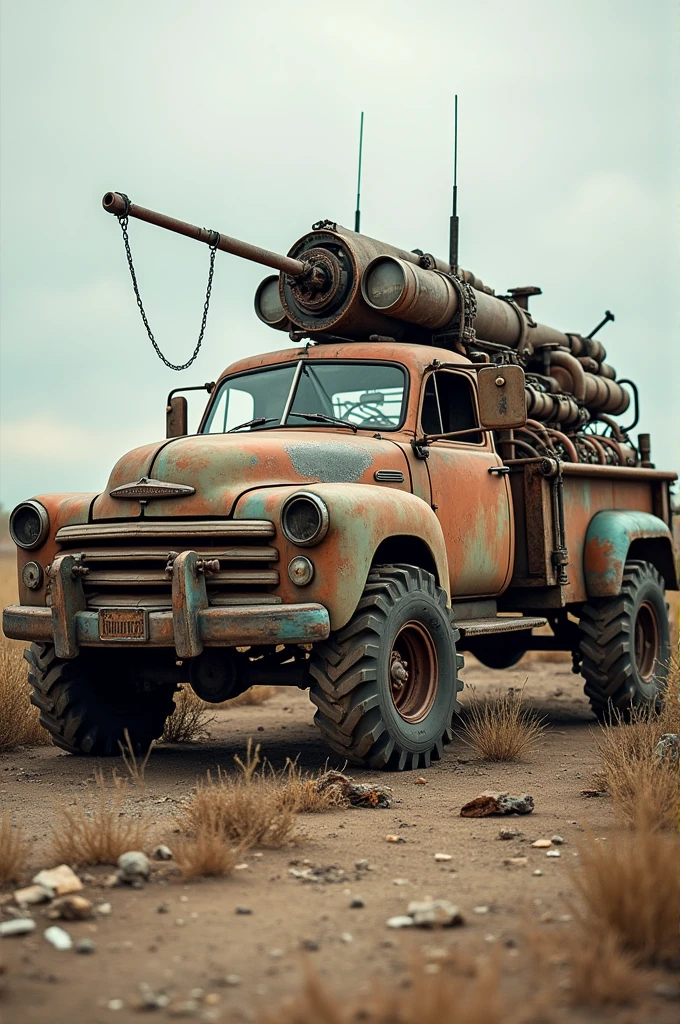 An old, rugged extended cab truck, heavily modified with rusted steel plating and improvised armor. The truck's body is weathered, covered in faded paint, and marked with years of post-apocalyptic wear and tear. The front grill is reinforced with makeshift spikes, and the headlights are covered with metal cages. The extended cab features shattered windows replaced with steel mesh and sheet metal patches. The tires are large and rugged, designed for rough, unforgiving terrain, with chains wrapped around them for extra grip.In the truck bed, a menacing junk jet turret is mounted, cobbled together from various scraps of metal, pipes, and rusted gears. The turret has a rotating base with hydraulic pistons and exposed wiring, giving it a brutal, industrial look. The junk jet's barrel is wide and gaping, ready to fire an assortment of improvised projectiles. Surrounding the turret are piles of debris and assorted junk, ammunition for the weapon, with an old car battery rigged up as a power source. The overall look is a mix of functionality and chaos, embodying the resourcefulness and survivalist nature of the Fallout world."