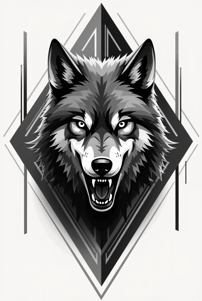 Make a geometric tattoo design of a growling wolf for my chest to be centered on my chest