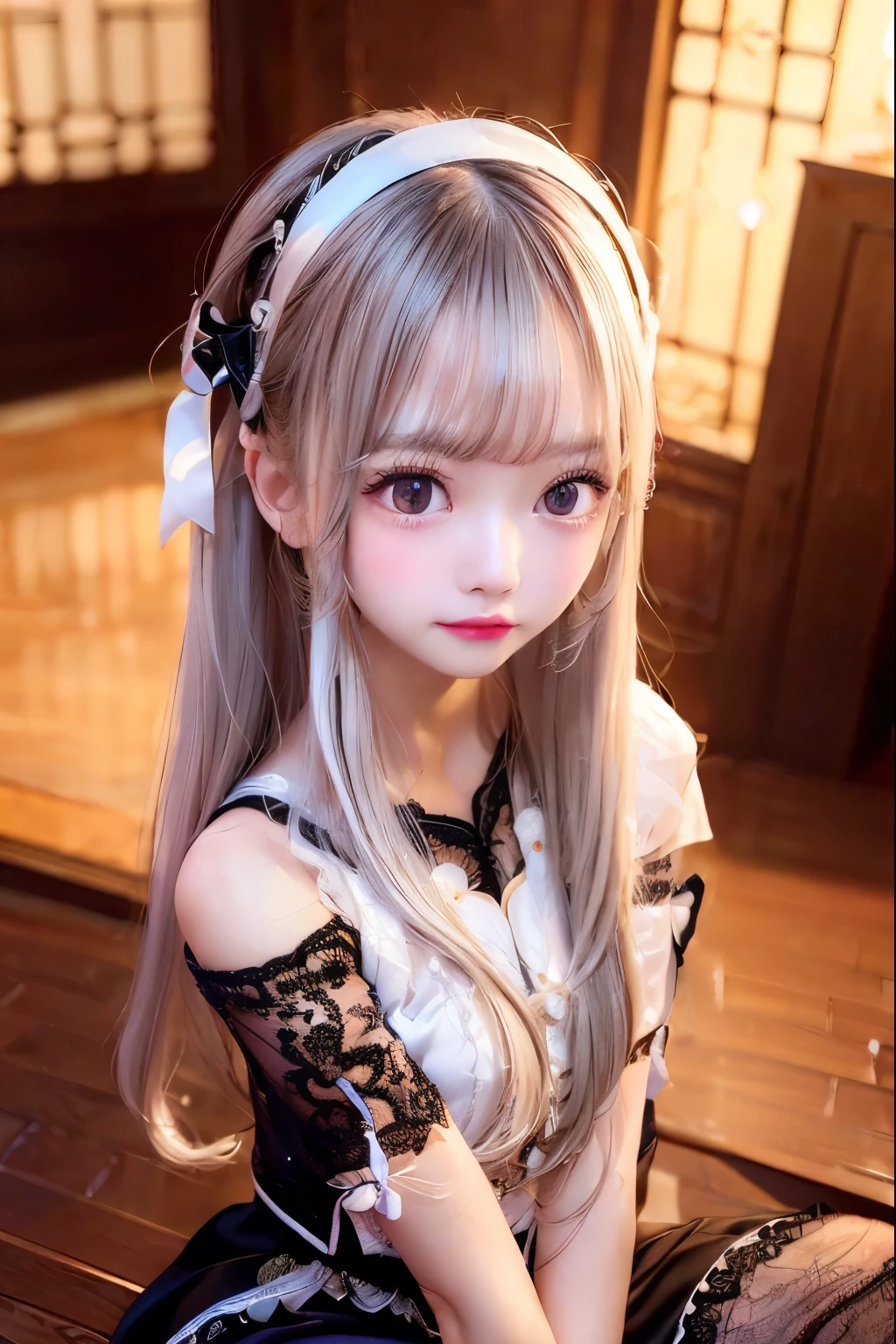 1 girl, chinese dress, silver straight hair, blonde, medium long hair, headband Lace with white ribbon, she is AYA MIYABI, 2, Bishojo, looking at viewer, she is famous Japanese idol, kawaii, (mascara), eyeliner, almond eye, natural eyebrows, thin lips, Natural color lip, extremely detailed skin, fair skin, smile, cute, realistic face, slender face, beautiful skin, flat chest, clavicle, slender body, Forehead, delicate thighs, skinny legs, lean legs, Best quality, (8k, RAW photo, best quality, childish face, masterpiece:1.2), ultra-detailed, (realistic, photo realistic:1.37), high detail RAW color photo, an extremely delicate and beautiful, extremely detailed(Selfie:1.1), finely detail,