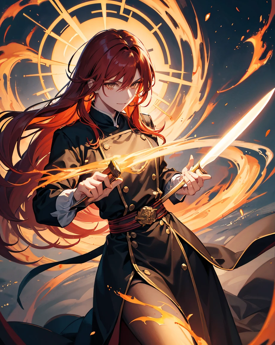 23-year-old male, 180cm tall, androgynous beauty, sharp golden eyes, short messy flame-red hair with a single vibrant red streak, medium build, ethereal appearance, wearing a disheveled black dress shirt with rolled-up sleeves, black skinny pants, holding a chef's knife surrounded by magical flames, sword master, various floating cooking utensils emitting sparks and embers, large orange paper umbrella behind head creating a halo effect, twilight sky background, reflective water surface, detailed anime style illustration, intense expression with slight smile, hidden power aura, culinary magic theme, fire and sparks swirling around the character