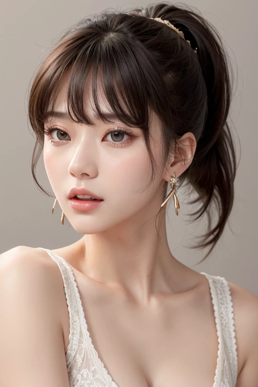 One person, bangs, Open your mouth, Gaze, High resolution, chest, ponytail, 大きなchest, Earrings,