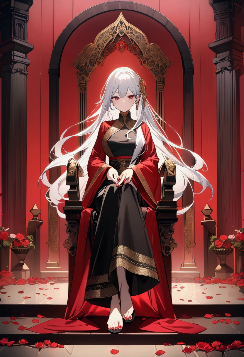 1 girl , Red eyes , (white hair , long hair, floating hair),( sit on the Red throne, Red throne with intricate gold patterns, Throne Room) , ( flowers petals floating in the air) , (( full body , (Black traditional Thai attire with intricate gold patterns)), (details fingers, black fingers nails, details toenails,black toenails) , (elegant posting and beautiful) , masterpiece, UHD , 8K , Anime style