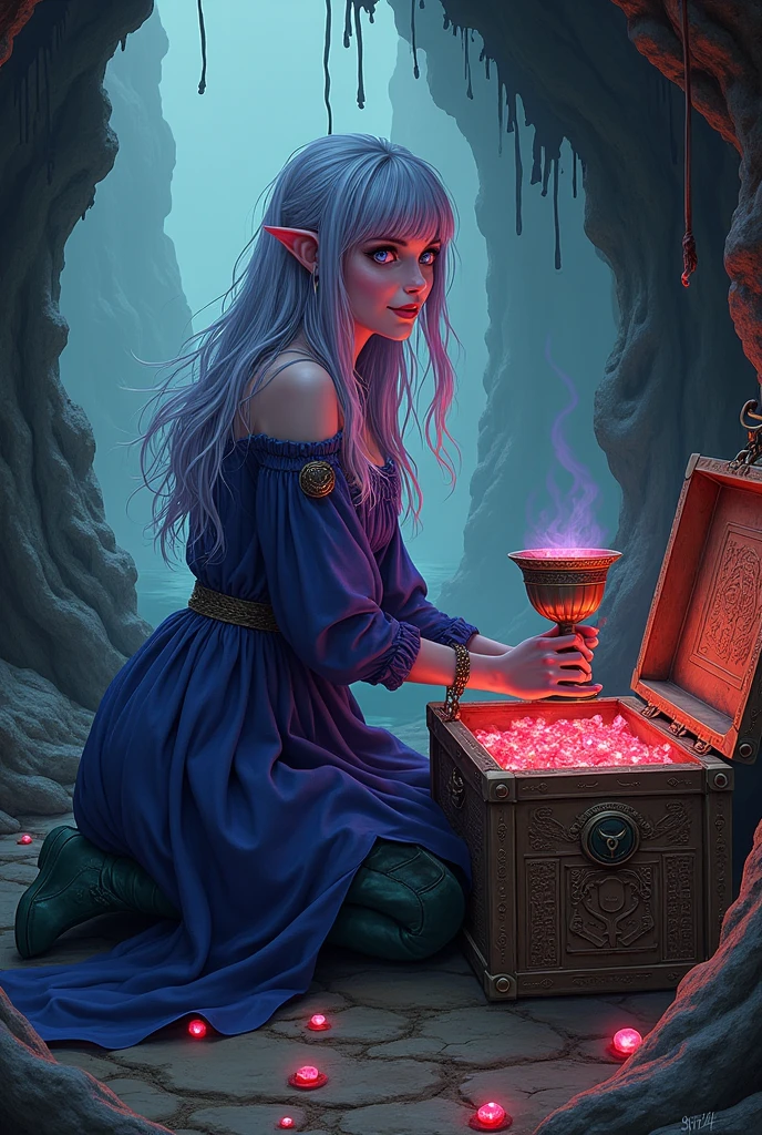 (Ultra-detailed face, looking away, Fantasy Illustration with Gothic, Ukiyo-e, Comic Art),
BREAK
(The dark elf woman rogue kneels down and unlocks a treasure chest with a very old hieroglyphic relief, takes a chalice filled with suspiciously glowing red gems, and smiles.),
BREAK
(This is the broken, decaying hold of an old sailing ship wrecked on the steep, rock-cut shores of a mysterious island. The dragon bones of the darkly decaying ship can be seen exposed. Outside, the wind is strong.),
BREAK
(Elves: A young-aged female dark elf rogue has long, messy silver hair, blunt bangs, dark purple skin, and lavender eyes.),
BREAK
(Elves: A dark elf woman rogue, is wearing a smock dress of sapphire linen and emerald boots.)