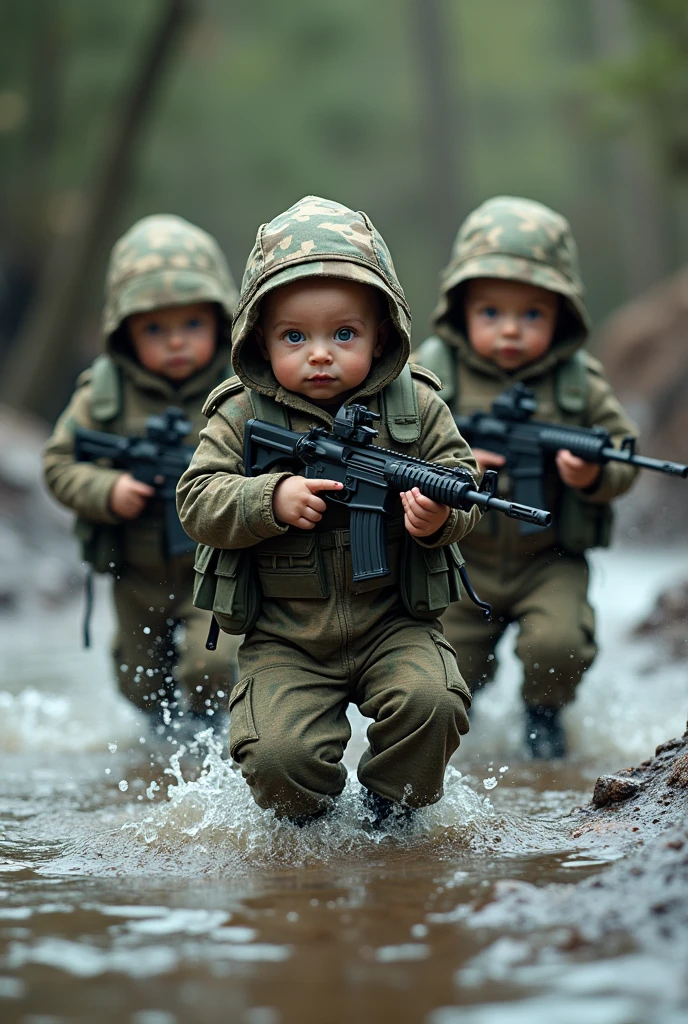 Three camouflaged, wild-suited newborns carrying Beretta rifles help a fellow soldier cross a water barrier in a real-life, full-body action-packed action-packed setting.