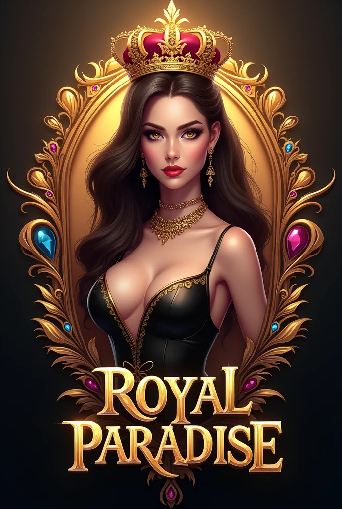 Generate a gaming platform logo named royal paradise using a sexy gamer girl with crown and with lots of money royal background with gamer dress and please write ROYAL PARADISE on image