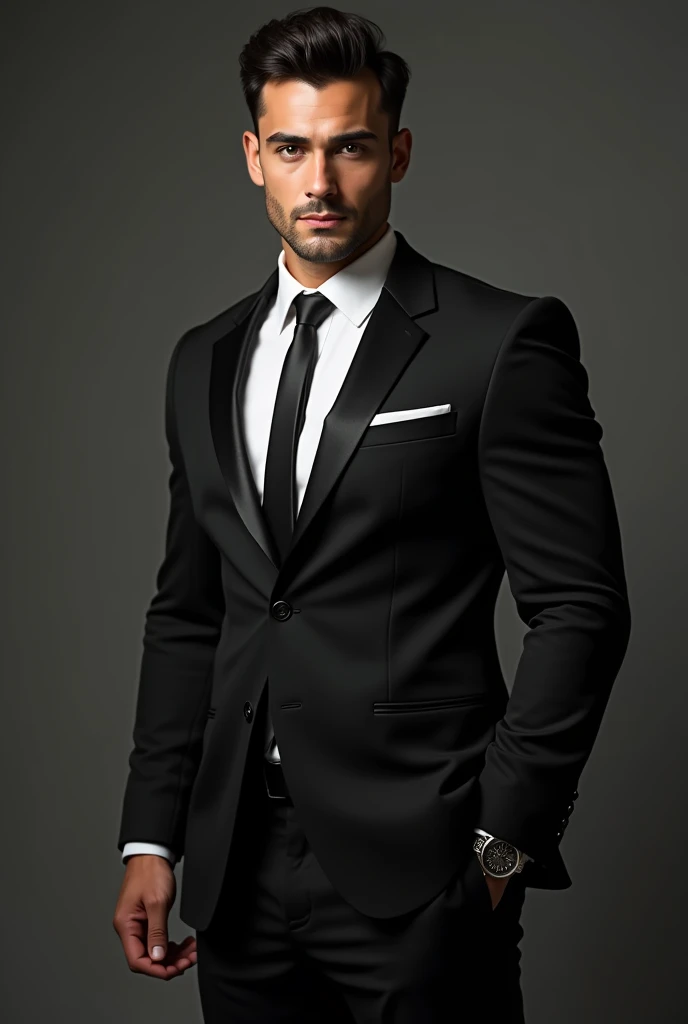 Handsome tall man with 6'2 height, 75 kg weight lean muscular body, business tycoon guy , sharp brown eyes, big eye lashes; sharp jawline and chin and seductive looks, black hairs gelled back in some spikes; in black formal suit; perfect CEO look