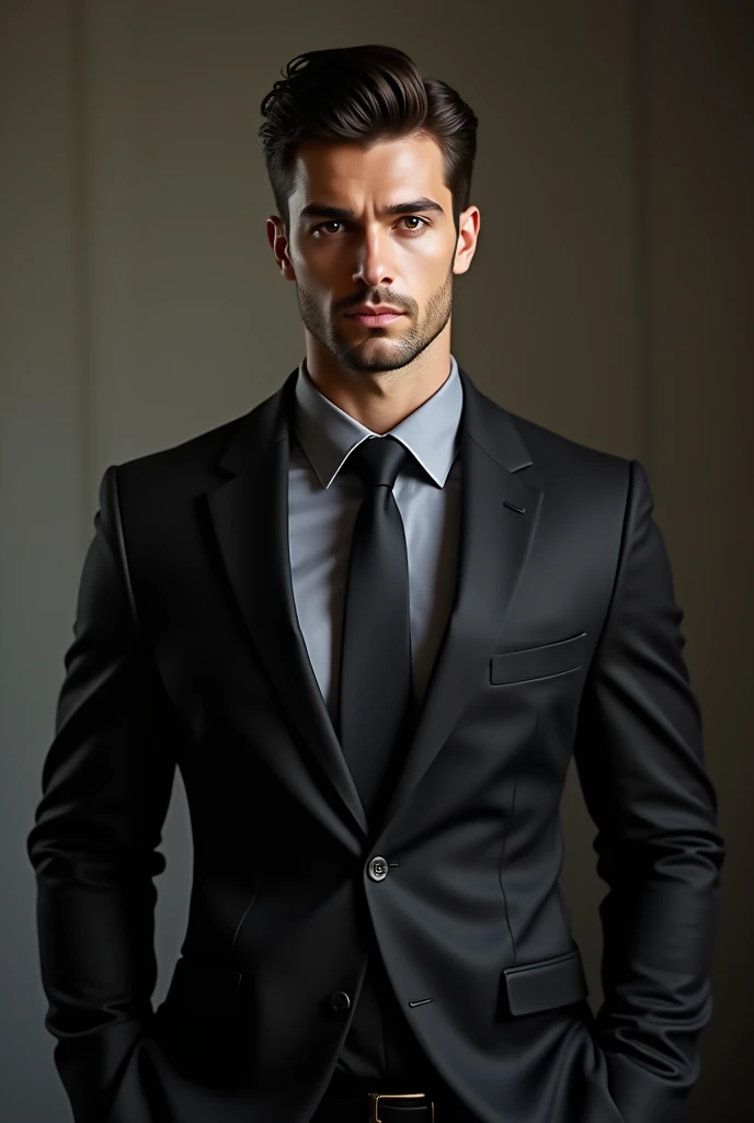 Handsome tall man with 6'2 height, 75 kg weight lean muscular body, business tycoon guy , sharp brown eyes, big eye lashes; sharp jawline and chin and seductive looks, black hairs gelled back in some spikes; in black formal suit; perfect CEO look