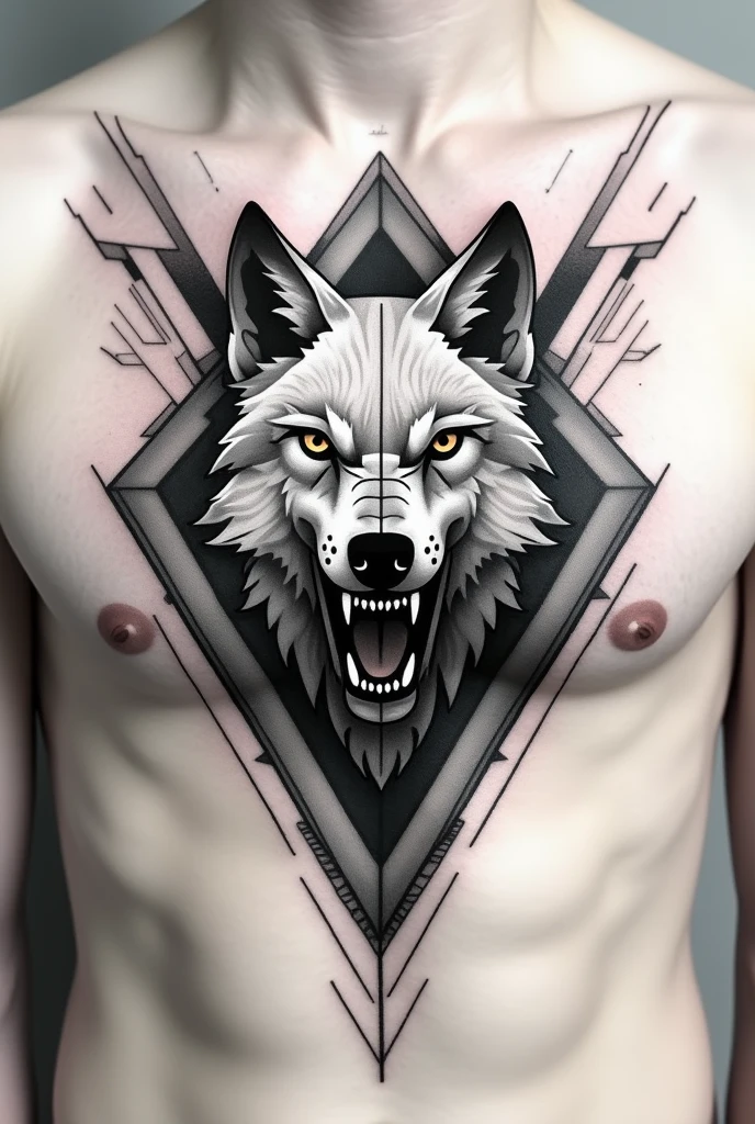 Make a geometric tattoo design of a growling wolf for my chest to be centered on my chest