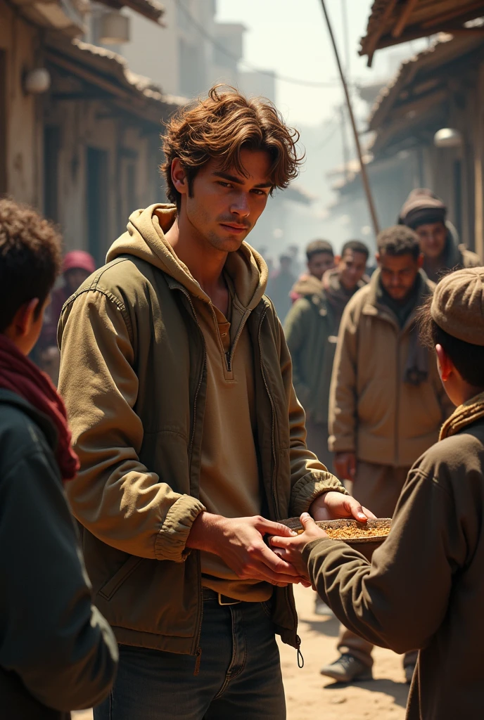 Young man with brown hair helping the poor
