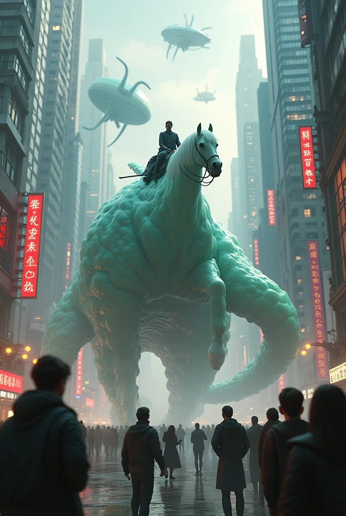 A horse riding a giant agar in the city