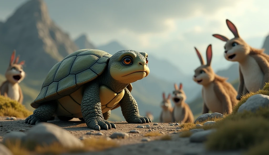 Description: "teo, the turtle, is on a flatter part of the mountain, with a tired and sad look, In the distance, animals like rabbits and birds watch him and make critical gestures, some laughing and others shaking their heads in disbelief. teo está com a cabeça baixa, but there is a glint of determination in his eyes. The landscape is still mountainous, with sparse vegetation and gray sky. The scene captures the emotion of the moment, with detailed facial expressions and a highly emotive 3D style, similar to Disney Pixar's animation style."