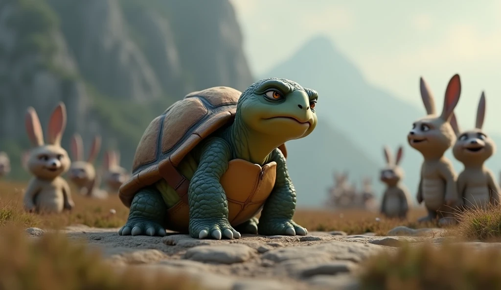 Description: "teo, the turtle, is on a flatter part of the mountain, with a tired and sad look, In the distance, animals like rabbits and birds watch him and make critical gestures, some laughing and others shaking their heads in disbelief. teo está com a cabeça baixa, but there is a glint of determination in his eyes. The landscape is still mountainous, with sparse vegetation and gray sky. The scene captures the emotion of the moment, with detailed facial expressions and a highly emotive 3D style, similar to Disney Pixar's animation style."
