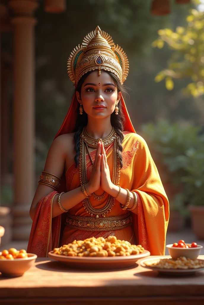 (realism) Person in Hindu costume giving thanks for food before eating it