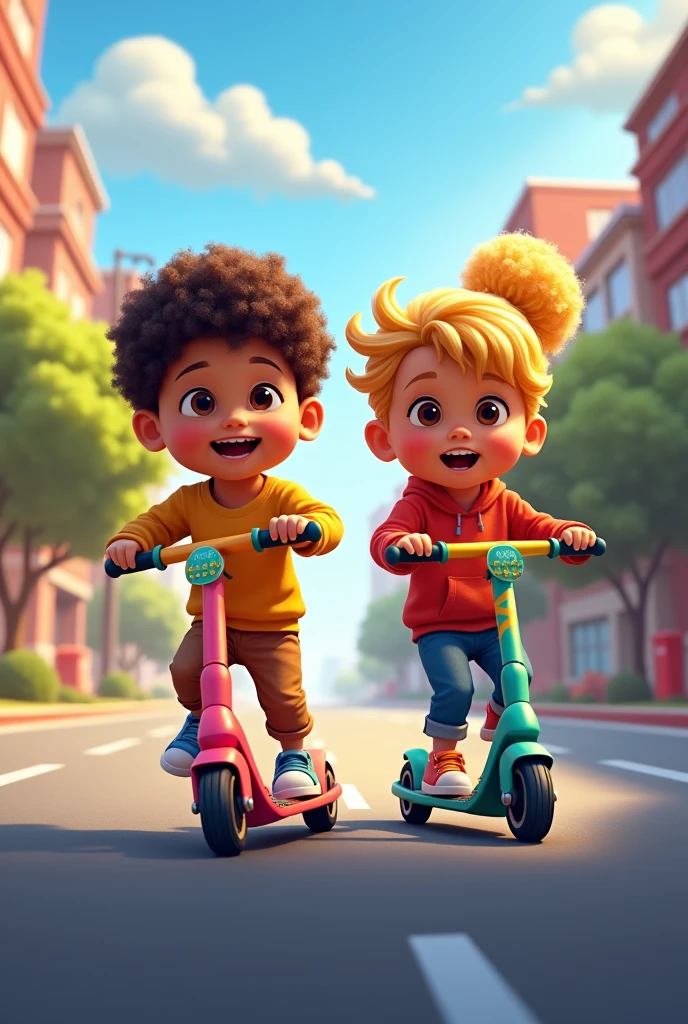 Create video game cover photo with 1 year old white boy with brown hair on a scooter and his 6 year old white sister with blonde Afro hair on a scooter. On photo add video game title: Frida & Aron Scooter Mania