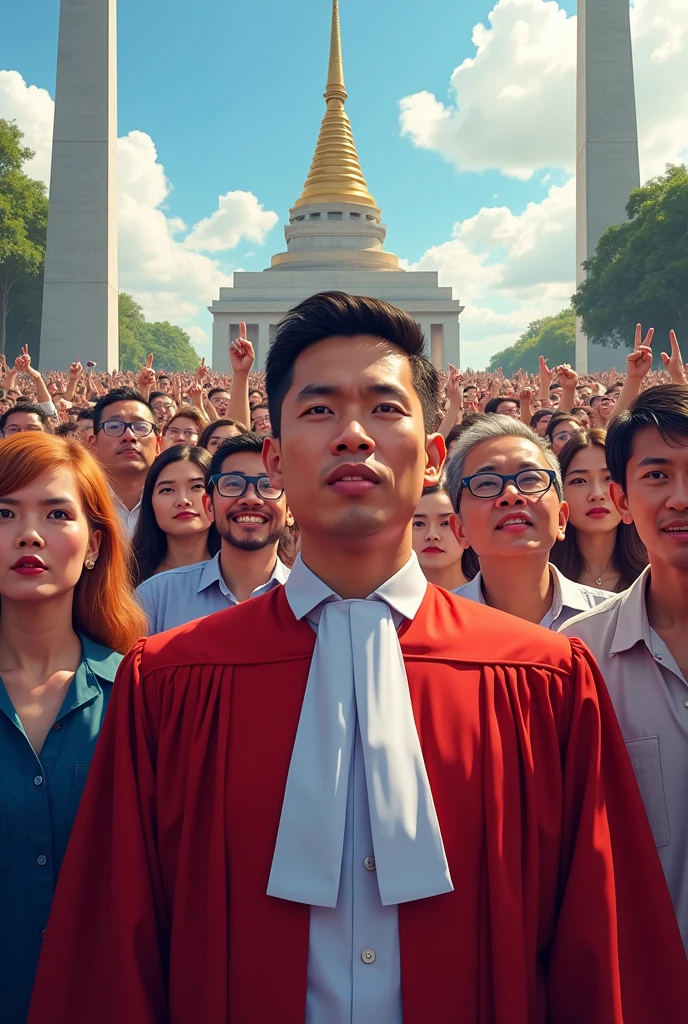 the picture shows many people gathered together. Someone wears the Thai barrister's robe. Everyone's faces and eyes were full of hope. The background is Democracy Monument, Thailand.