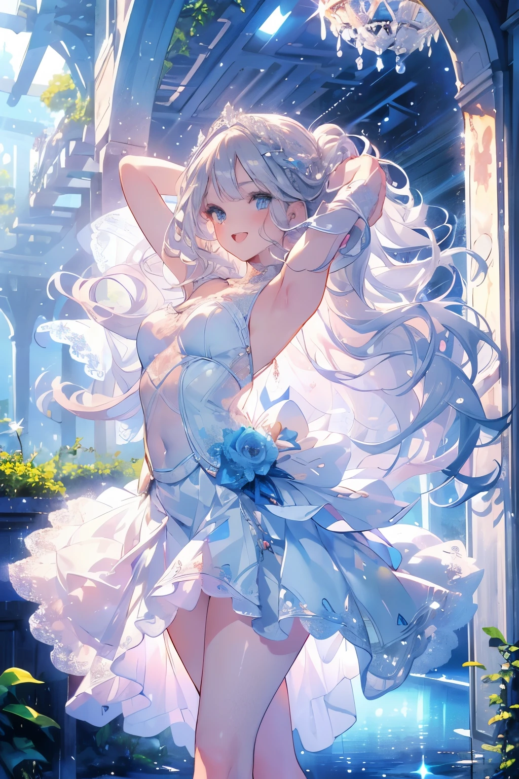 (Best quality,4K,8K,High resolution,Masterpiece:1.2),Super detailed,(Actual, Realistic),highly detailed, top quality, soft skin,Portrait,
break,
((clear blue eyes:1.2)),smiling eyes,beautiful eyelashes,beautiful lower eyelashes,
break,
((Beautiful and shiny silver hair:1.3)),A dazzling smile, a bursting smile, an open mouth laugh,
break,
very happily,surrounded by light,
break,
((white dress with embroidery and lace decorations, long white skirt:1.3)),
break,
((ballet arabesque pose:1.3)),
break,
((blue forest and lake:1.3))