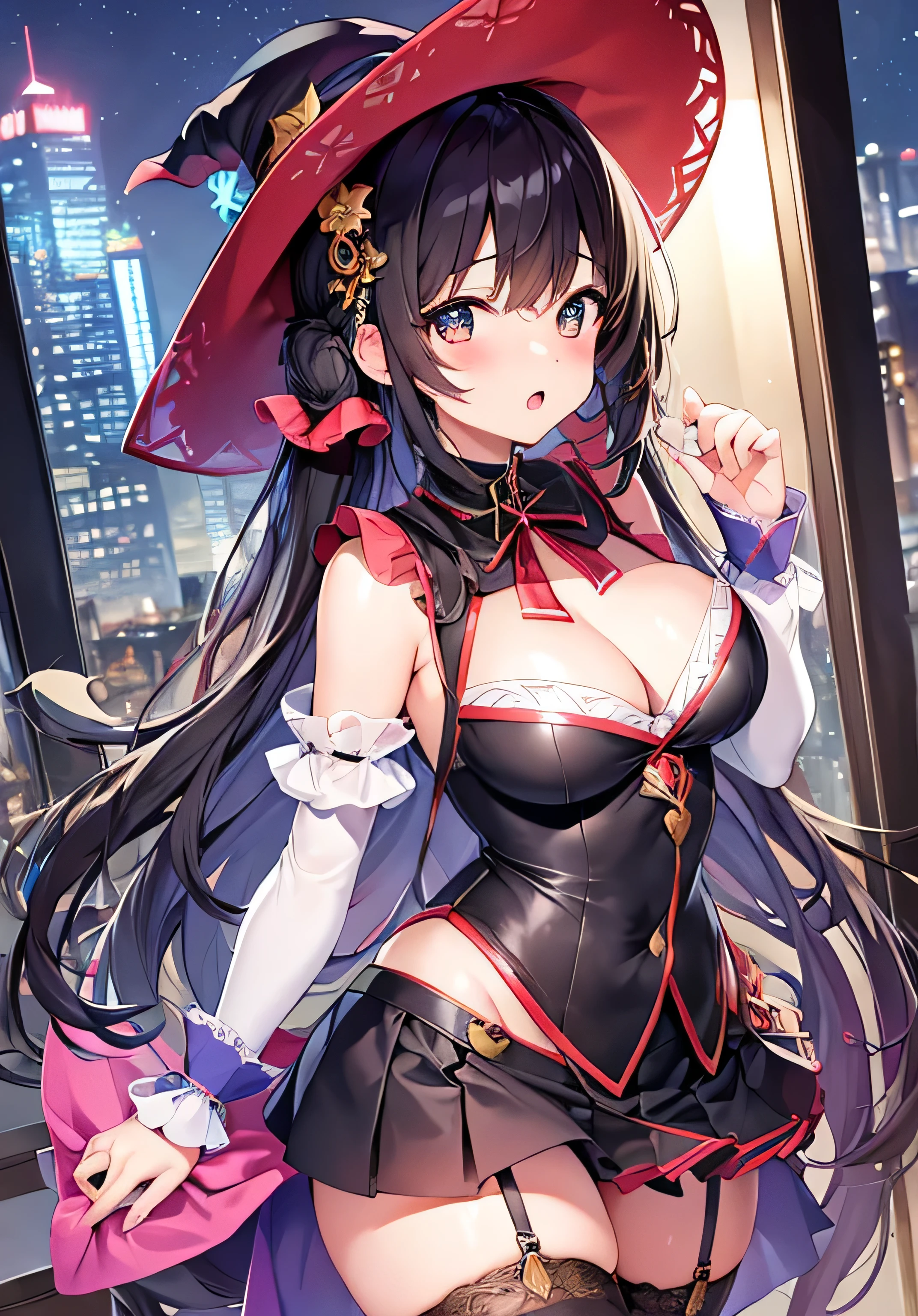 masterpiece、Highest quality、Ultra-high resolution、nsfw、age girl with big breasts、twin tail hairstyle、black hair、Red face、shyly、open your mouth just a little、Witch costume with visible cleavage for teengirls、mini-skirt for teenage s、thigh-high socks for teenage girltch's hat for teenage girls、On roof of a building at night、skyscrapers at night、at night time