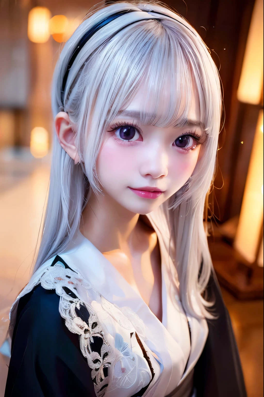1 girl, yukata,white hair,  silver straight hair, bionde, medium long hair, headband Lace with white ribbon, she is AYA MIYABI, 2, Bishojo, looking at viewer, she is famous Japanese idol, kawaii, (mascara), eyeliner, almond eye, natural eyebrows, thin lips, Natural color lip, extremely detailed skin, fair skin, smile, cute, realistic face, slender face, beautiful skin, flat chest, clavicle, slender body, Forehead, delicate thighs, skinny legs, lean legs, Best quality, (8k, RAW photo, best quality, childish face, masterpiece:1.2), ultra-detailed, (realistic, photo realistic:1.37), high detail RAW color photo, an extremely delicate and beautiful, extremely detailed(Selfie:1.1), finely detail,