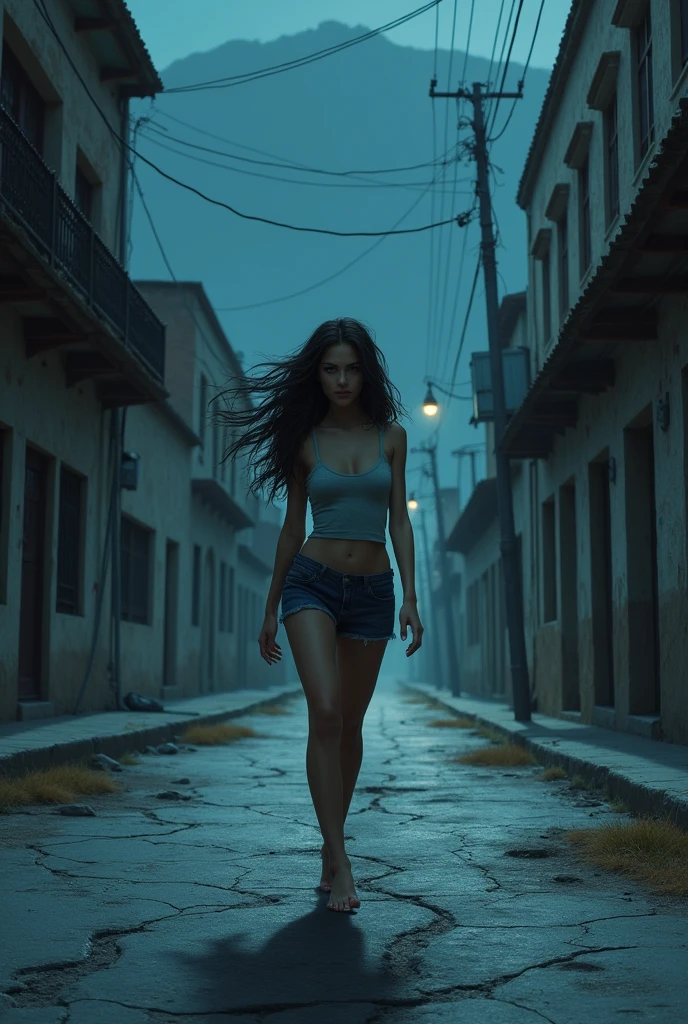 Generates a realistic color drawing of an 18-year-old woman walking alone on a dark, deserted street in the city of La Paz (Bolivia), She is nervously looking around