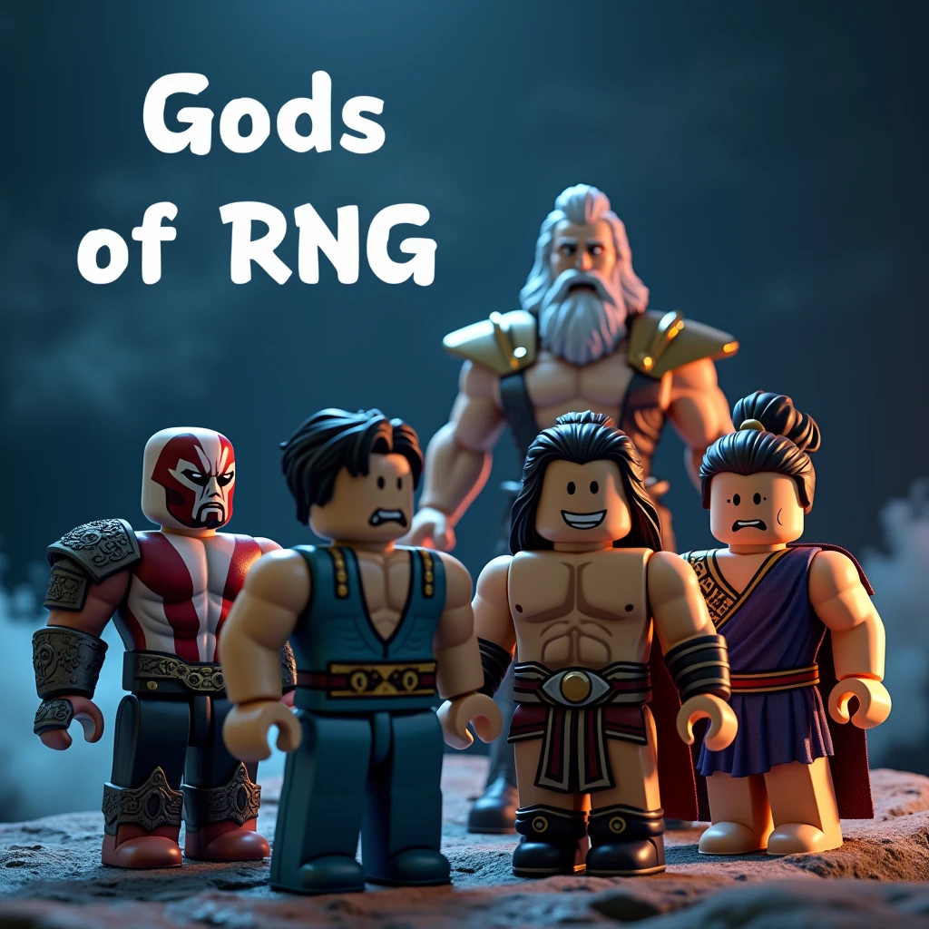 Kratos posidon ares and zesu as roblox characters at night (add text saying Gods of RNG in the background)