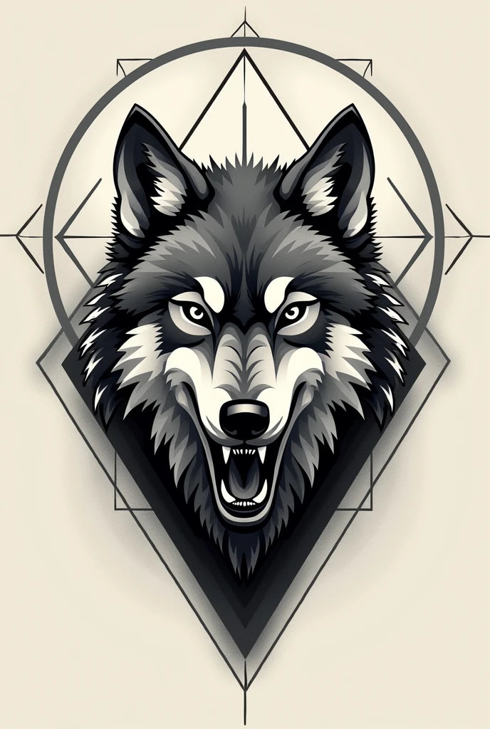 Make a geometric tattoo design of a growling wolf for my chest to be centered on my chest 