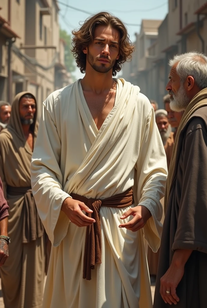 Young man with brown hair and white robe helping the poor