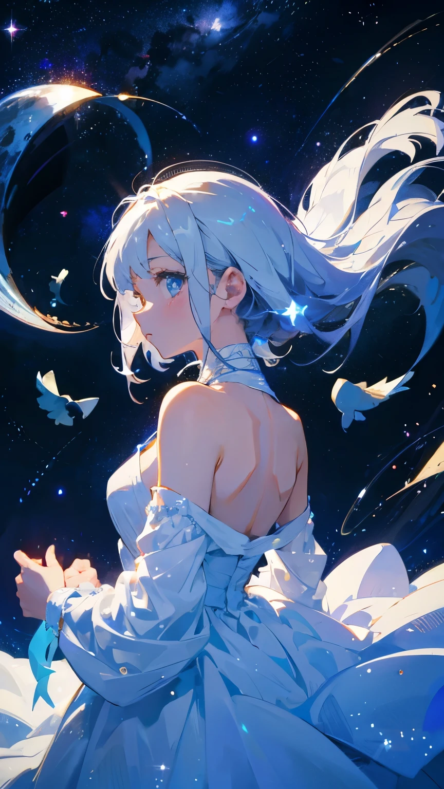 shape、universe space、shine、Woman in white dress、