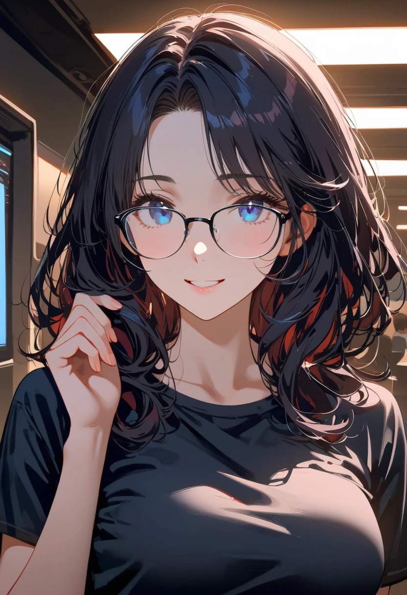 (best quality,4K,8K,high resolution,masterpiece:1.2),Very detailed,(Practical,photoPractical,photo-Practical:1.37),1 person,Adulthood,Ball head，Beautiful Skin、contour、very handsome,wear glasses，Black curly hair,Smile,,blue eyes,Sharp eyes,Undoubtedly perfect face,Office Background,Cinema Lighting,hdr image,Black T-shirt