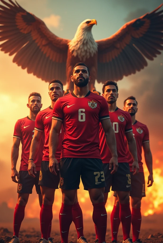 A heroic Egyptian football team, a majestic eagle soaring in the background with wings spread, a raging fire behind it, (best quality,4k,8k,highres,masterpiece:1.2),ultra-detailed,(realistic,photorealistic,photo-realistic:1.37),dramatic lighting,epic,cinematic,powerful,imposing,intricate details,stunning,vibrant colors,dramatic shadows,intense atmosphere,heroic poses,muscular builds,determined expressions,national pride