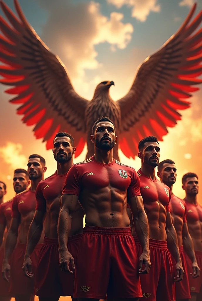 A heroic Egyptian football team, a majestic eagle soaring in the background with wings spread, a raging fire behind it, (best quality,4k,8k,highres,masterpiece:1.2),ultra-detailed,(realistic,photorealistic,photo-realistic:1.37),dramatic lighting,epic,cinematic,powerful,imposing,intricate details,stunning,vibrant colors,dramatic shadows,intense atmosphere,heroic poses,muscular builds,determined expressions,national pride
