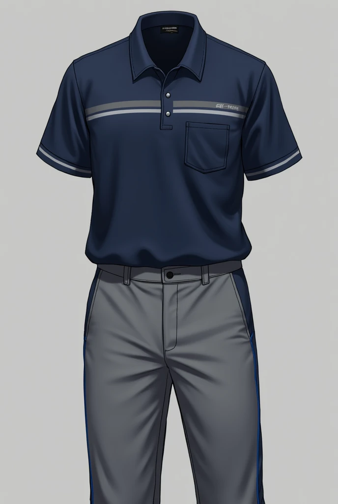 The uniform of electronic parts assembly department (smt) employees, gray pants with thin blue line on side of pants with a blu navy polo shirt with a gray line on the chest and a pocket on the chest.
