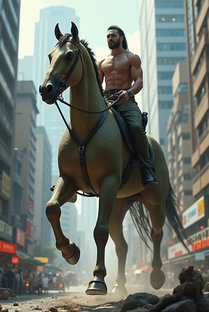 A horse on top of a giant lizard in the city