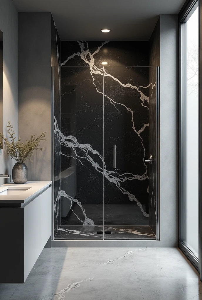 Create an image of a bathroom with a common gray floor and wall, and inside the shower the walls have a black and white marble effect. 