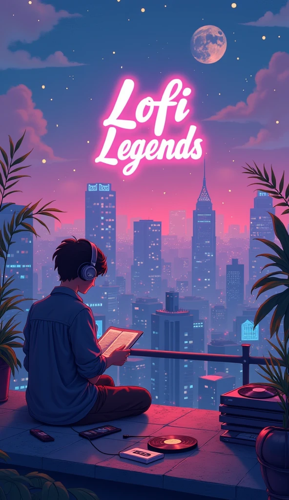 Design a YouTube channel cover for "LoFi Legends" that embodies a relaxing and nostalgic atmosphere. The cover should feature an expansive view of a city skyline at dusk or nighttime, with glowing neon signs in soft shades of pink, purple, and blue. Include elements like a rooftop or balcony where a character is sitting, wearing headphones, and either reading a book or working on a laptop. The character should be surrounded by objects like vinyl records, cassette tapes, or musical notes floating in the air. In the background, subtle details like stars, moonlight, and a gentle breeze should enhance the tranquil mood. The channel name "LoFi Legends" should be prominently displayed in a stylish, retro font, blending seamlessly with the scene's aesthetic.