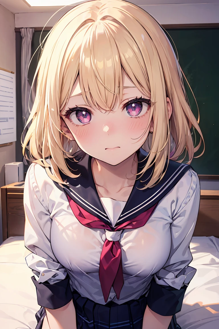 masterpiece, absurdres, best quality, ultra detailed, high Resolution, detailed illustration, bright colour, (extremely beautiful detailed face and eyes, Delicate beautiful face, 1 girl, 18yo, cute face:1.3), (magenta eyes:1.1), sparkling eyes, big eyes, (medium breasts:1.3), (perky breasts:1.1), (pointy breasts:1.1), medium hips, glamorous body, white skin, BREAK, (blonde hair:0.8), messy hair, detailed hair, shiny hair, BREAK (school uniform, down blouse:1.3), perfect lighting, (ecstasy, vulgarity:1.5), (Embarrassed:1.3), (Love juice:1.3), bedroom, (fella:1.3), penis,