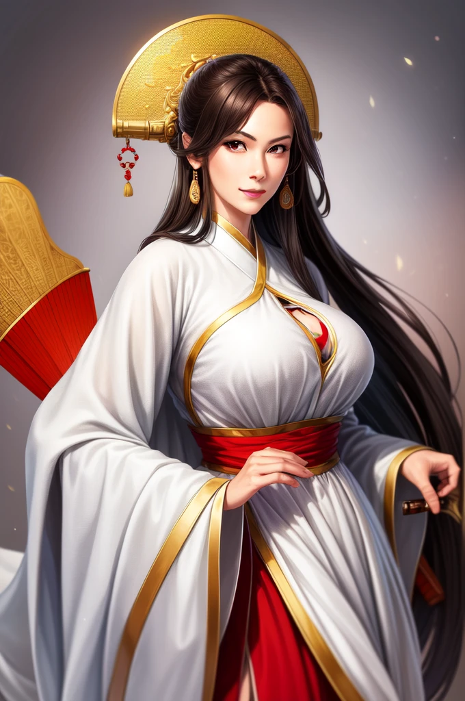 (4K, best quality, High resolution:1.2), (masterpiece:1.37), 1 Girl, Beautiful and intelligent face, delicate eyes, Large Breasts, fine hair, long hair, literati, Chinese white and gray clothes,, brunette, Red eyes, looking at the audience, Holding Kongming fan, , confident strategist, Holding Weapon, Permanent, whole body,thigh