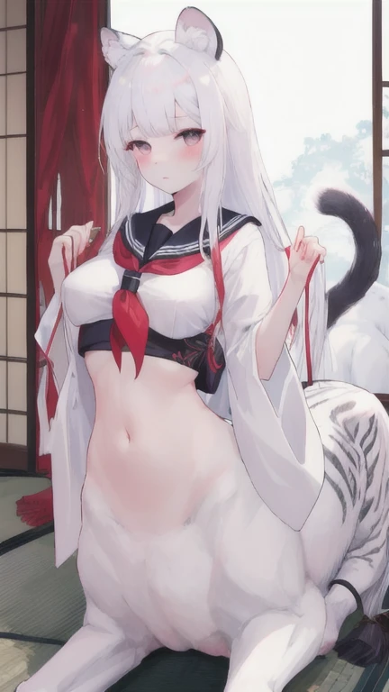(best quality, masterpiece), 1 girl, centaur, I beg, White skin, Japanese girl,daught pink, exposing the abdomen, sexual intercourse , beautiful girl perfect, White tiger photo, 완벽한 White tiger photo